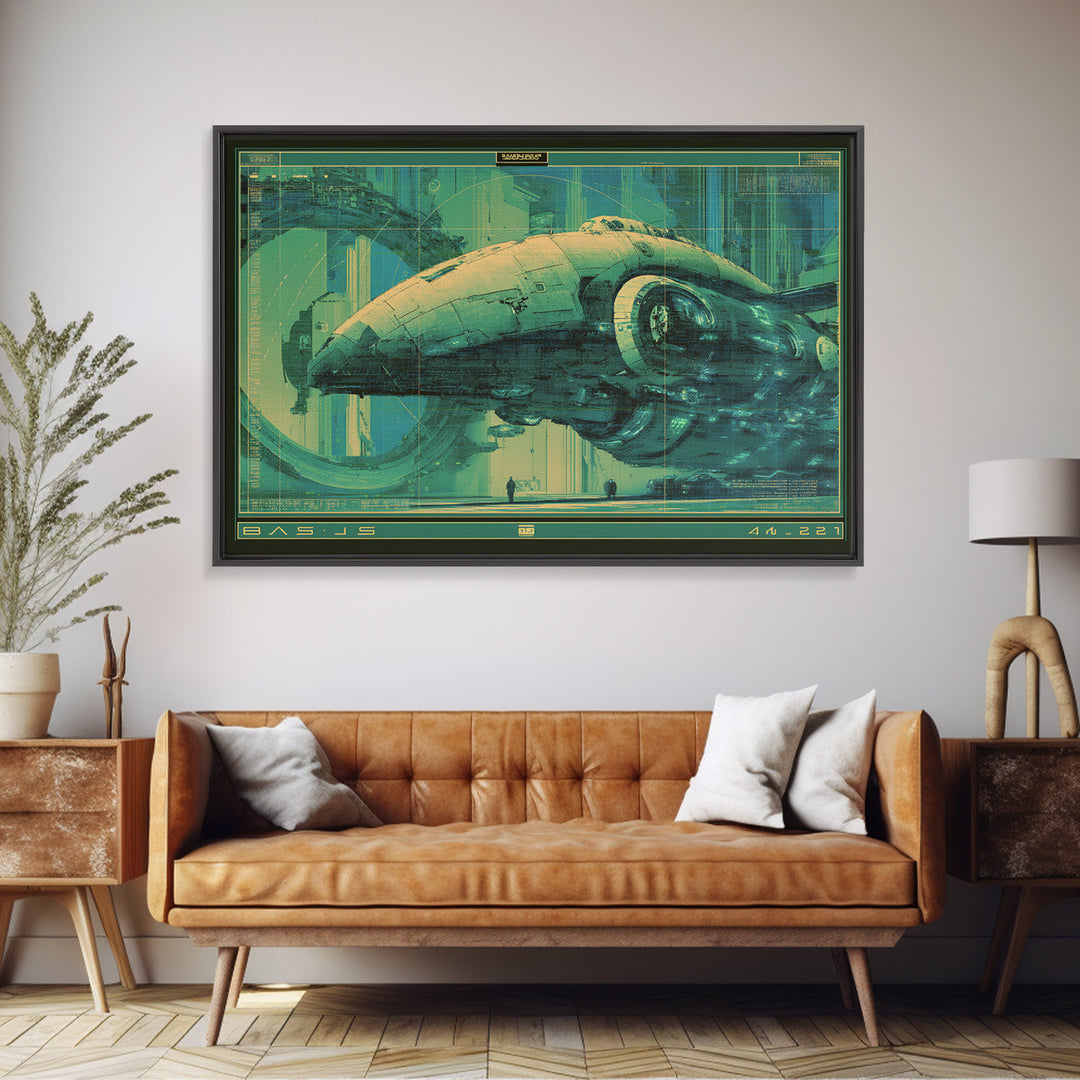 Retro Sci Fi Spaceship Poster for Entertainment Framed Canvas Print, Basement Art, Rustic Wall Art, Living Room Decor, Retreat, BAS-3x2-45