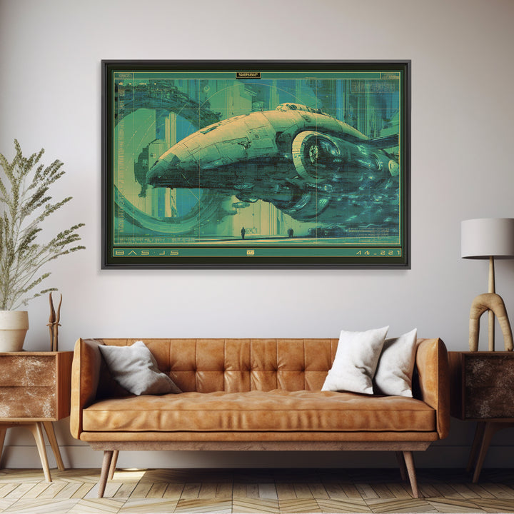 Retro Sci Fi Spaceship Poster for Entertainment Framed Canvas Print, Basement Art, Rustic Wall Art, Living Room Decor, Retreat, BAS-3x2-45