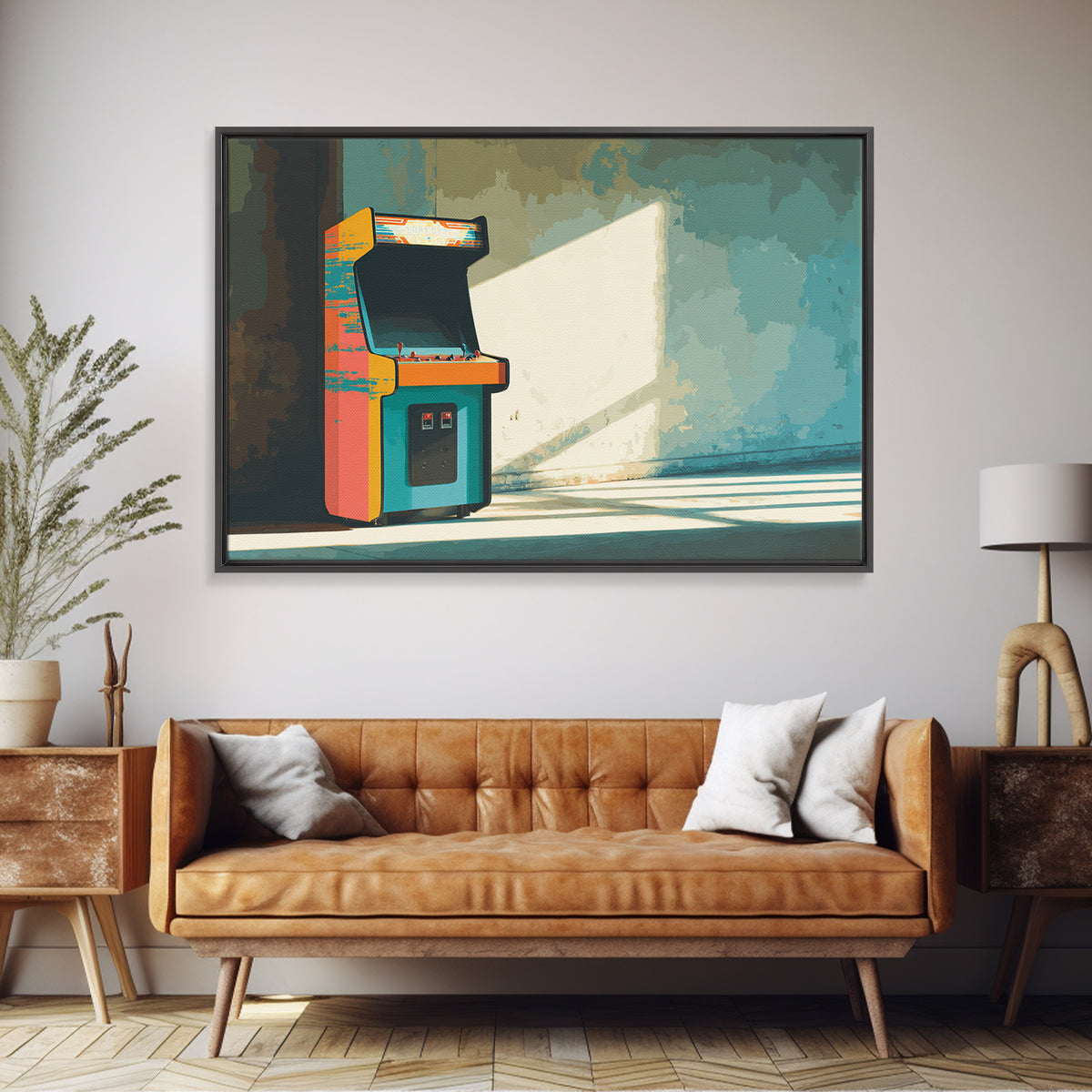 Retro Arcade Cabinet Graphic Framed Canvas Print, Basement Art, Bar Wall Art, Living Room Decor, Retreat, Neutral Decor, BAS-3x2-5