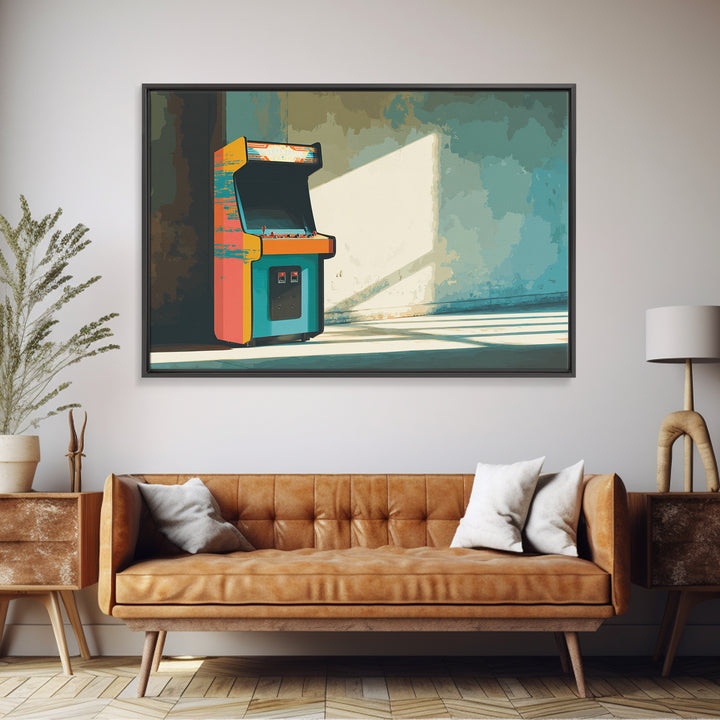 Retro Arcade Cabinet Graphic Framed Canvas Print, Basement Art, Bar Wall Art, Living Room Decor, Retreat, Neutral Decor, BAS-3x2-5