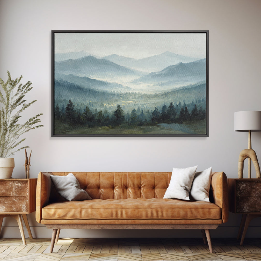 Moody Mountain Landscape for a Cozy Lounge Framed Canvas Print, Basement Art, Original Art Prints, Living Room Decor, Retreat, BAS-3x2-79