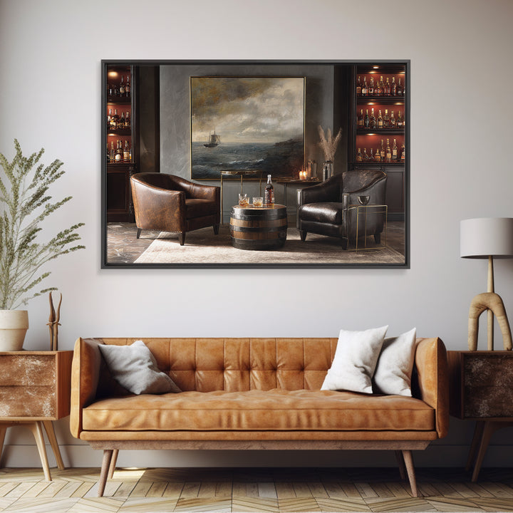 Whiskey Barrel and Leather Chair Mood Painting Framed Canvas Print, Basement Art, Man Cave Decor, Living Room Decor, Retreat, BAS-3x2-86