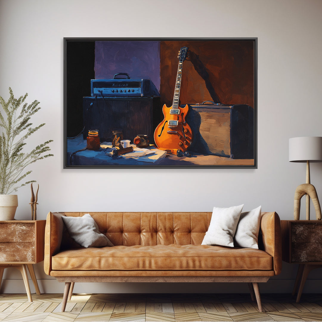 Classic Rock Guitar Still Life Framed Canvas Print, Basement Art, Custom Wall Art, Living Room Decor, Fine Art, Retreat, BAS-3x2-9