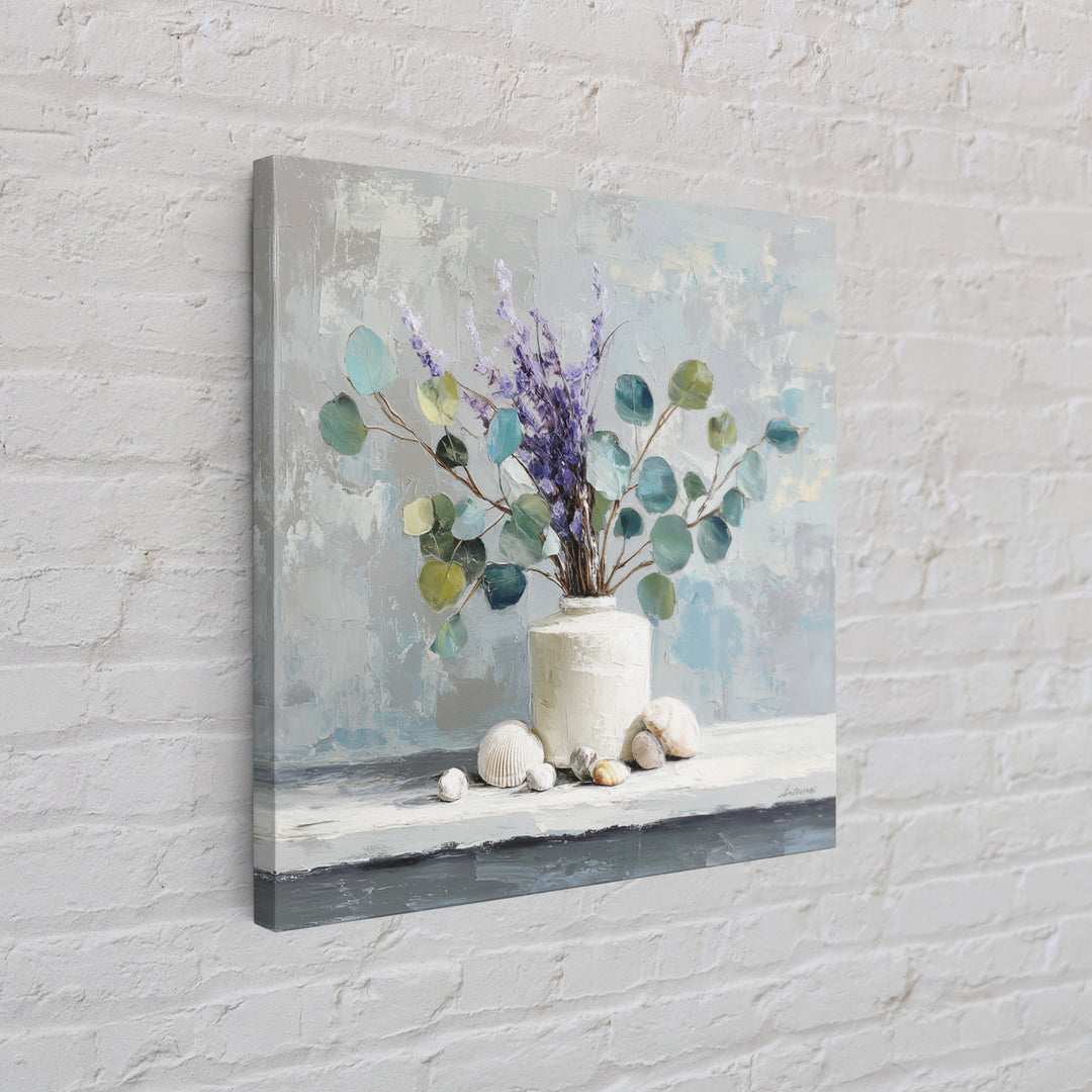Lavender Sprigs in a Ceramic Vase Framed Canvas Print, Bathroom Art, Digital Art, Bathroom Decor, Fine Art, Spa, Dopamine Decor, BAT-1x1-12