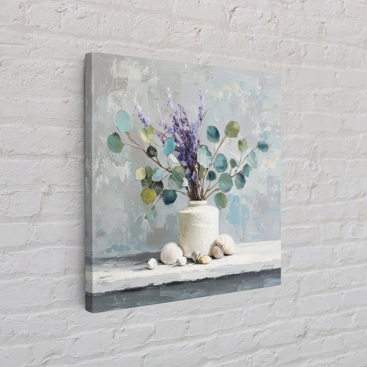 Lavender Sprigs in a Ceramic Vase Framed Canvas Print, Bathroom Art, Digital Art, Bathroom Decor, Fine Art, Spa, Dopamine Decor, BAT-1x1-12