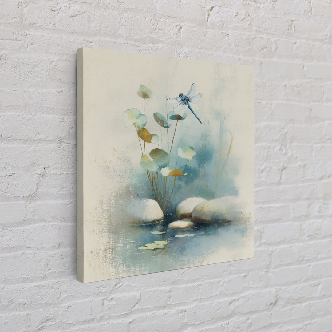 Delicate Dragonfly Above a Pond Surface Framed Canvas Print, Bathroom Art, Modern Art, Bathroom Decor, Fine Art, Spa, BAT-1x1-24