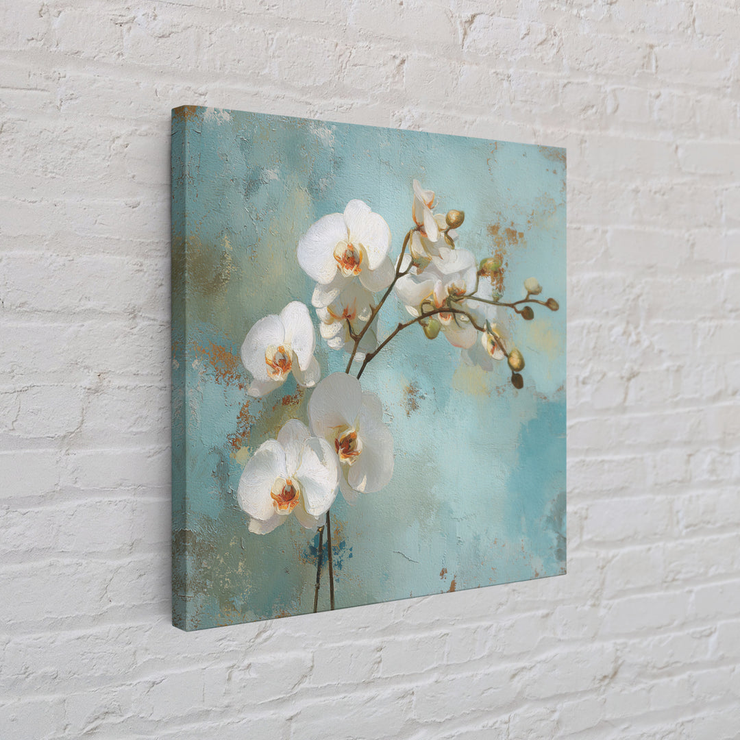 White Orchid on Warm Stone Background Framed Canvas Print, Bathroom Art, Bathroom Decor, Oil Painting, Spa, Modern Wall Art, BAT-1x1-28