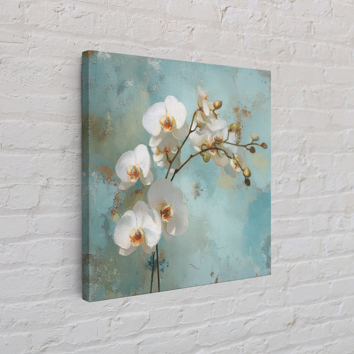 White Orchid on Warm Stone Background Framed Canvas Print, Bathroom Art, Bathroom Decor, Oil Painting, Spa, Modern Wall Art, BAT-1x1-28