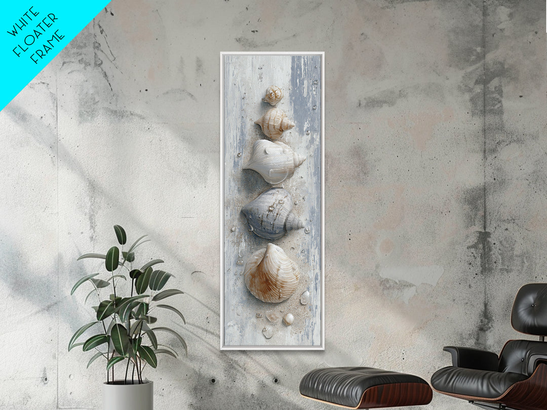 Minimal Seashell Still Life on Pale Sand Framed Canvas Print, Bathroom Art, Statement Artwork, Bathroom Decor, Abstract Art, BAT-1x3-15
