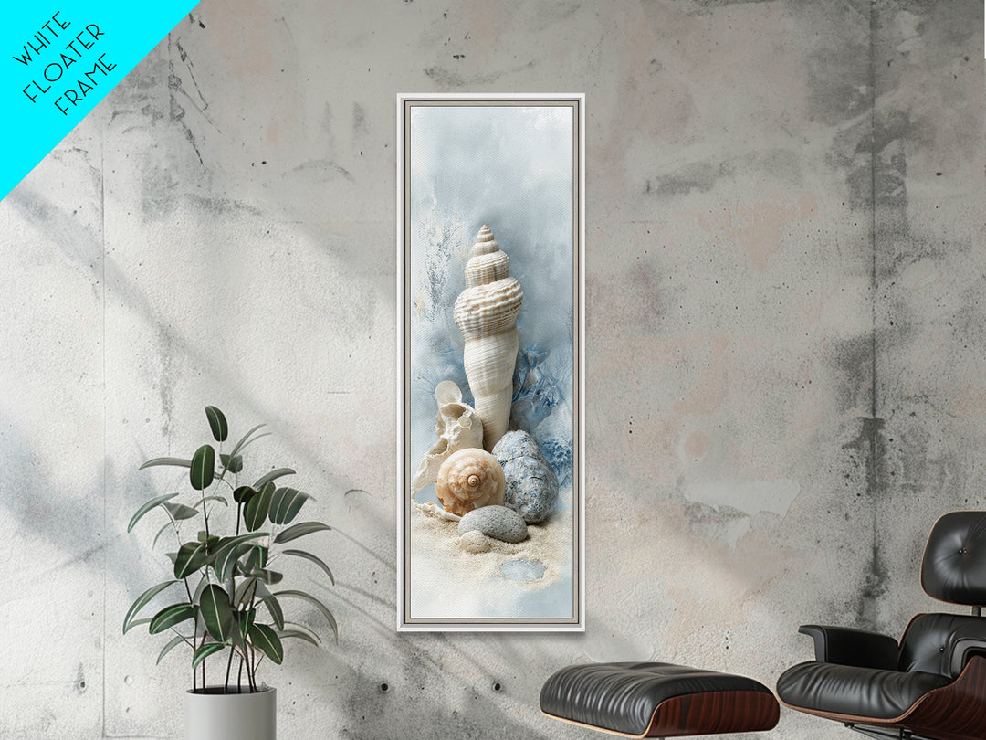 Minimal Seashell Still Life on Pale Sand Framed Canvas Print, Bathroom Art, Canvas Wall Art, Bathroom Decor, Fine Art, Spa, BAT-1x3-87