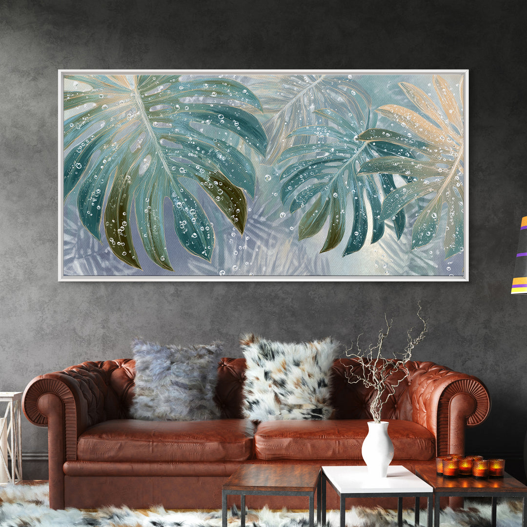 Tropical Leaf Silhouette Framed Canvas Print, Bathroom Art, Fine Art Print, Bathroom Decor, Watercolor Art, Spa, Poster, BAT-2x1-10