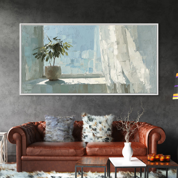 Sunlit Window Plant Shadow on Plaster Framed Canvas Print, Bathroom Art, Bathroom Print, Bathroom Decor, Watercolor Art, Spa, BAT-2x1-14