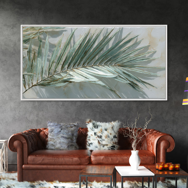 Simple Palm Frond on Off White Linen Framed Canvas Print, Bathroom Art, Bathroom Art Decor, Bathroom Decor, Abstract Art, Spa, BAT-2x1-19