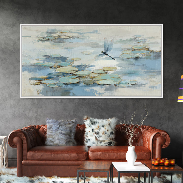 Delicate Dragonfly Above a Pond Surface Framed Canvas Print, Bathroom Art, Fine Art Print, Bathroom Decor, Fine Art, Spa, BAT-2x1-20