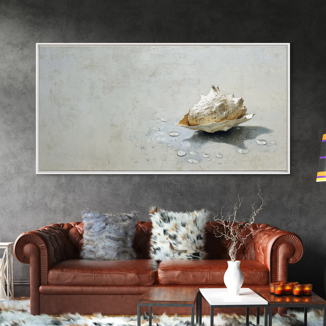 Minimal Seashell Still Life on Pale Sand Framed Canvas Print, Bathroom Art, Digital Art, Bathroom Decor, Watercolor Art, Spa, BAT-2x1-23