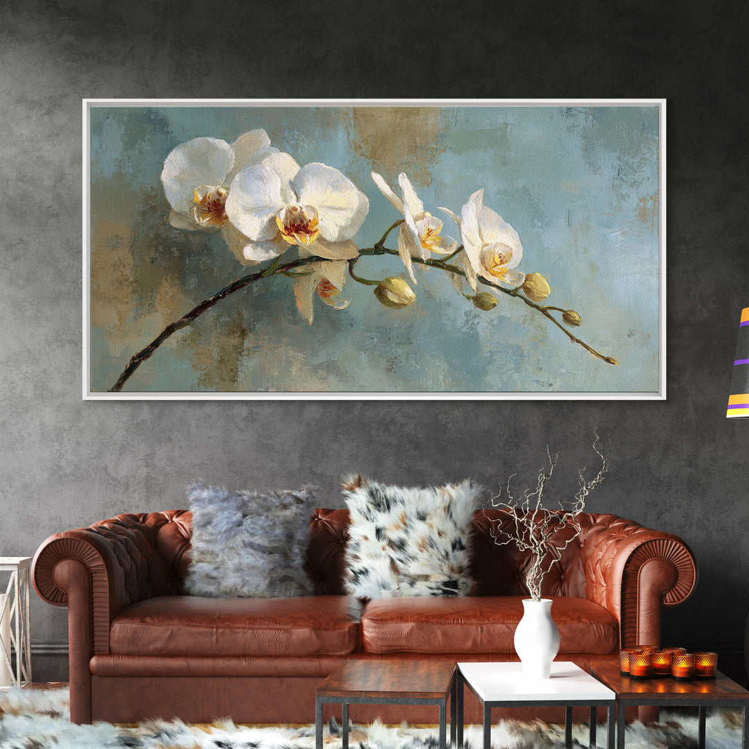 White Orchid on Warm Stone Background Framed Canvas Print, Bathroom Art, Textured Painting, Bathroom Decor, Fine Art, Spa, BAT-2x1-24