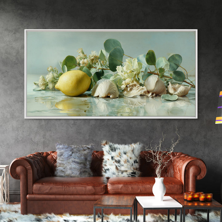 Lemon and Botanical Still Life Canvas Print, Bathroom Art, Neutral Decor, Bathroom Decor, Fine Art, Spa, Wall Art, Home Decor, BAT-2x1-26