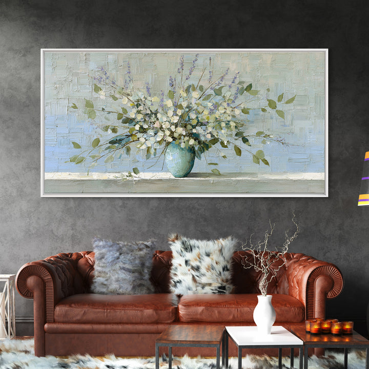 Lavender Sprigs in a Ceramic Vase Canvas Print, Bathroom Art, Minimalist Decor, Bathroom Decor, Oil Painting, Spa, Wall Hanging, BAT-2x1-32
