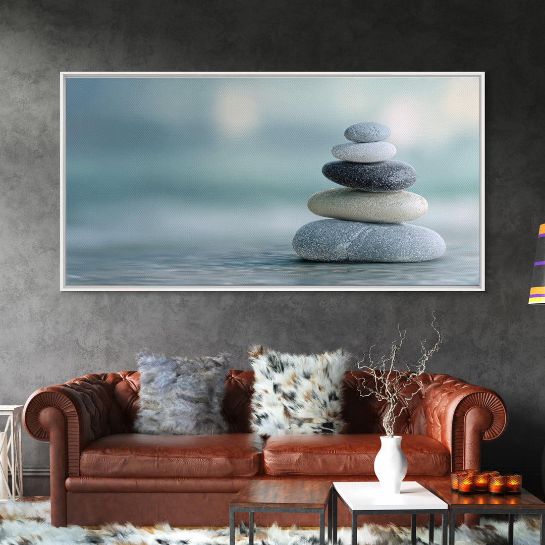 Monochrome Pebble Stack Framed Canvas Print, Bathroom Art, Statement Artwork, Bathroom Decor, Fine Art, Spa, Digital Art, BAT-2x1-33