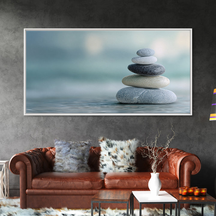 Monochrome Pebble Stack Framed Canvas Print, Bathroom Art, Statement Artwork, Bathroom Decor, Fine Art, Spa, Digital Art, BAT-2x1-33