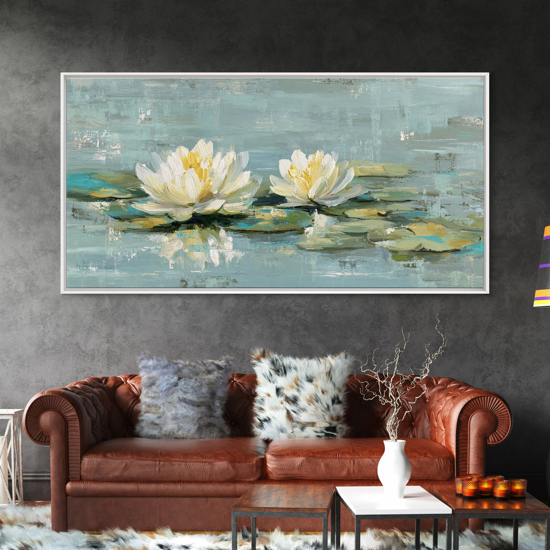 Lotus Flower Floating on Calm Water Framed Canvas Print, Bathroom Art, Wall Art, Bathroom Decor, Fine Art, Spa, Dog Portrait, BAT-2x1-40