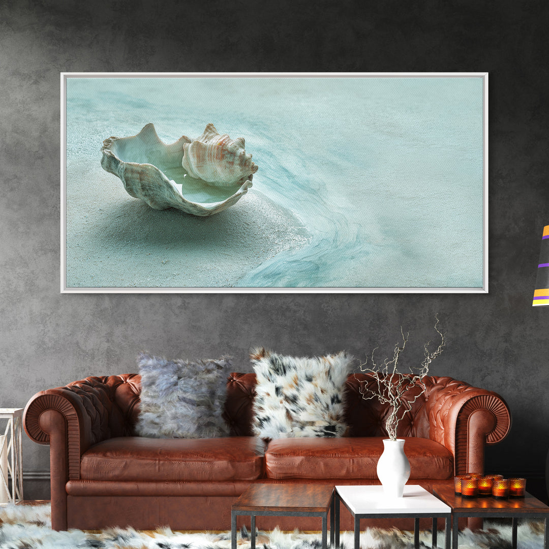 Minimal Seashell Still Life on Pale Sand Canvas Print, Bathroom Art, Bathroom Wall Art, Bathroom Decor, Oil Painting, Spa, BAT-2x1-47