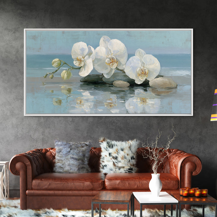White Orchid on Warm Stone Background Canvas Print, Bathroom Art, Poster, Bathroom Decor, Fine Art, Spa, Digital Print, BAT-2x1-48