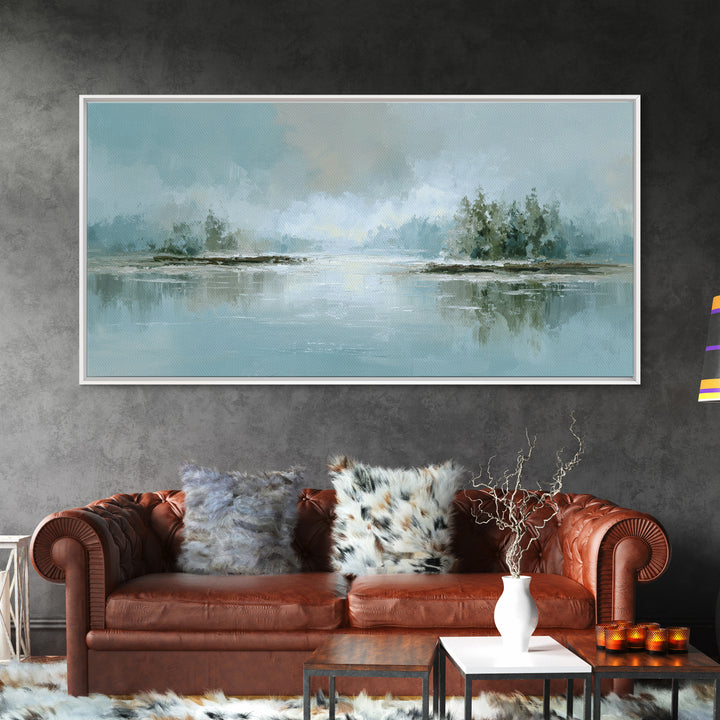 Misty Lake Scene Framed Canvas Print, Bathroom Art, Room Decor, Bathroom Decor, Spa, Custom Pet Portrait, Bathroom Wall Art, BAT-2x1-5