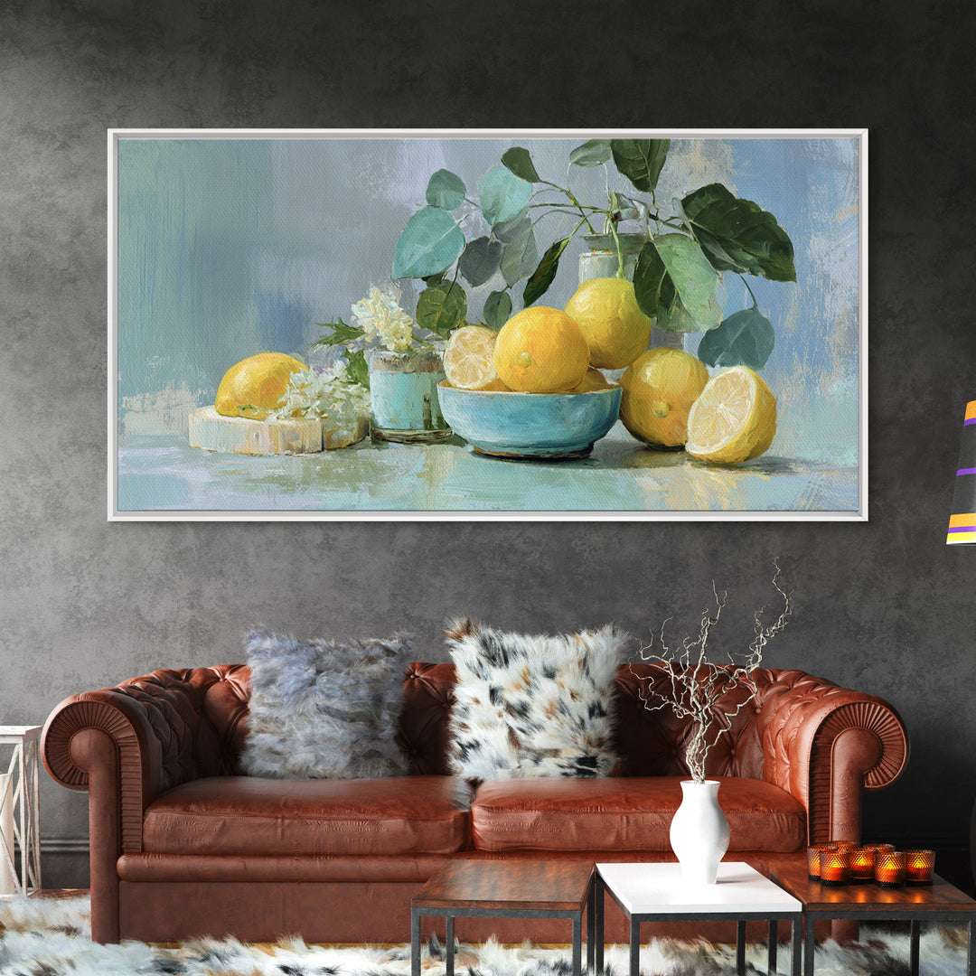 Lemon and Botanical Still Life Framed Canvas Print, Bathroom Art, Luxury Decor, Bathroom Decor, Oil Painting, Spa, BAT-2x1-50