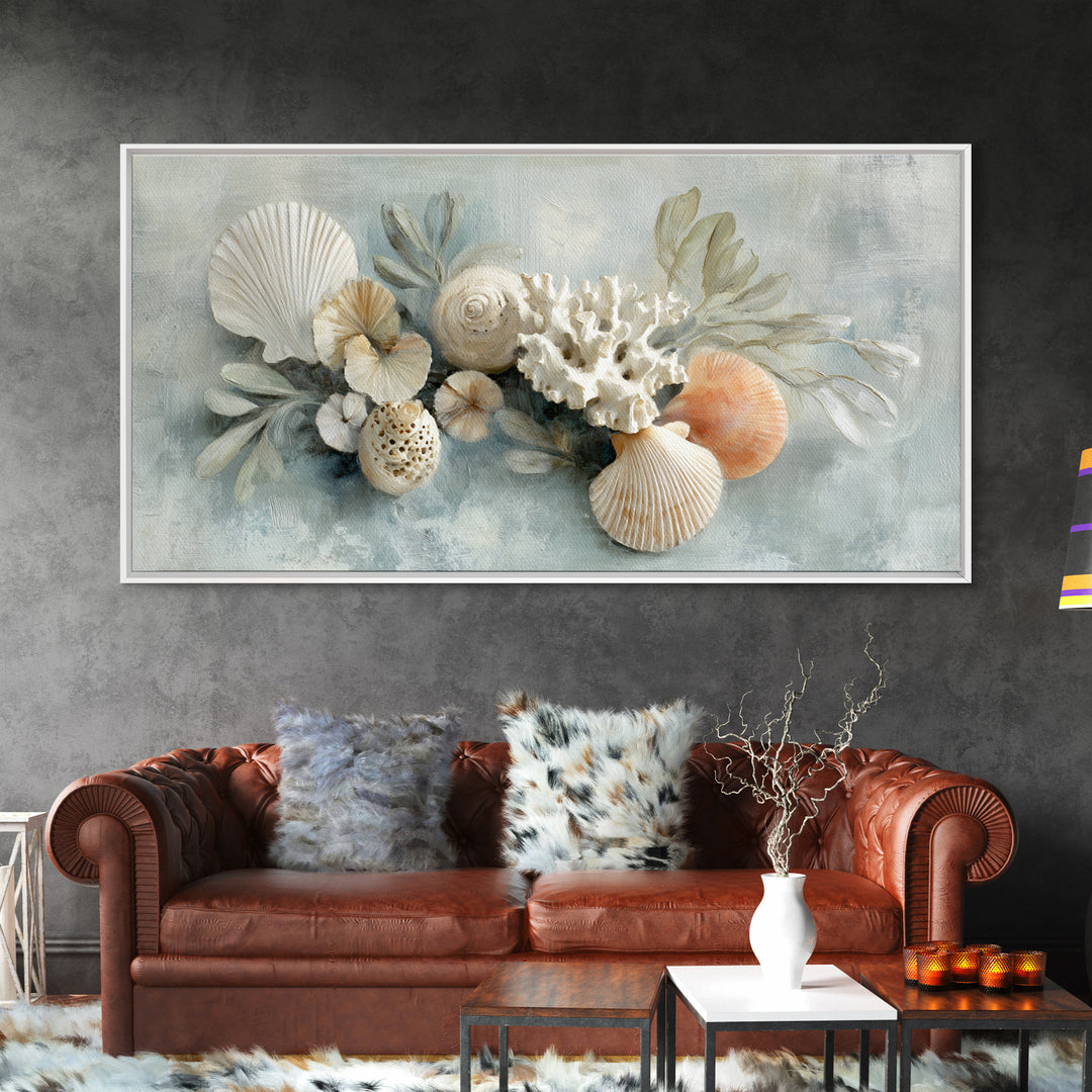 Coral and Shell Arrangement Framed Canvas Print, Bathroom Art, Wall Hanging, Bathroom Decor, Fine Art, Spa, Modern Art, BAT-2x1-55
