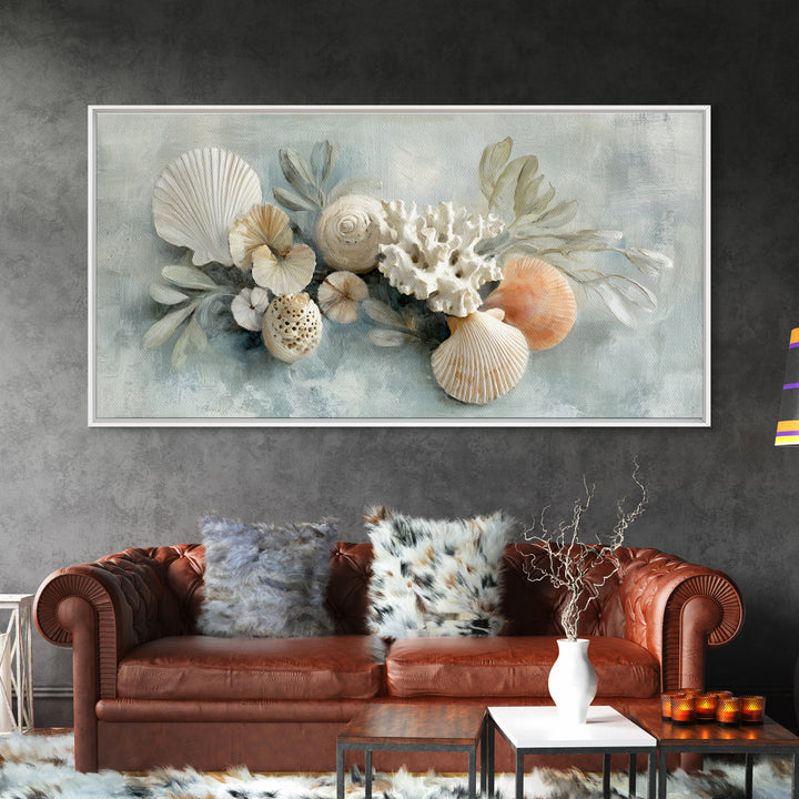 Coral and Shell Arrangement Framed Canvas Print, Bathroom Art, Wall Hanging, Bathroom Decor, Fine Art, Spa, Modern Art, BAT-2x1-55
