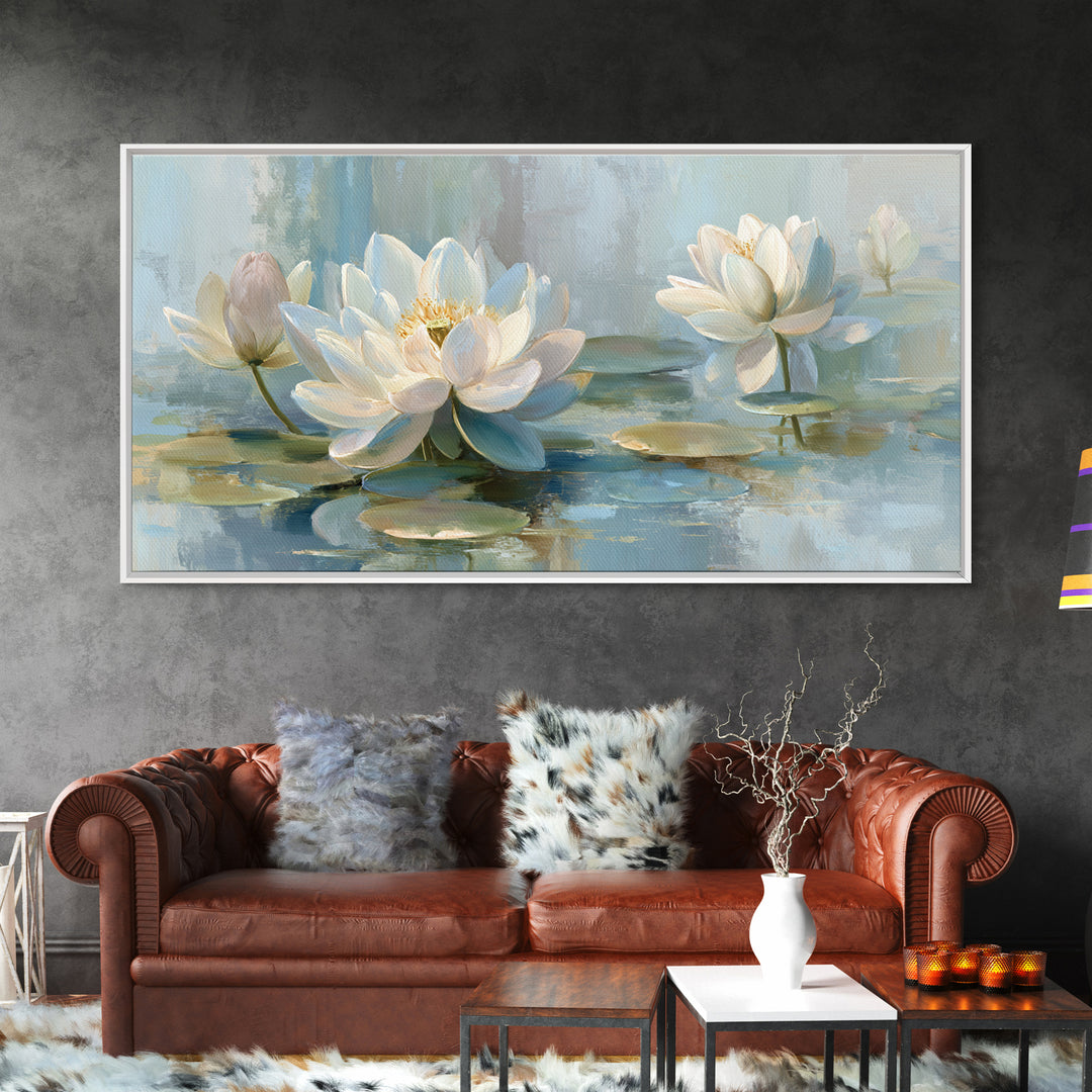 Lotus Flower Floating on Calm Water Canvas Print, Bathroom Art, Digital Wall Art, Bathroom Decor, Oil Painting, Spa, BAT-2x1-64