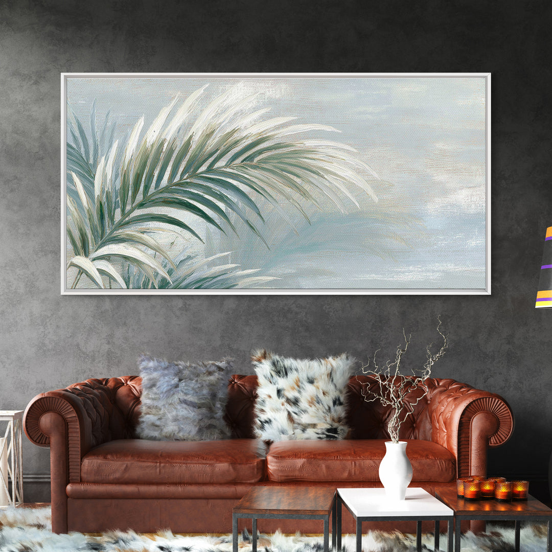 Simple Palm Frond on Off White Linen Framed Canvas Print, Bathroom Art, Minimalist Wall Art, Bathroom Decor, Fine Art, Spa, BAT-2x1-67