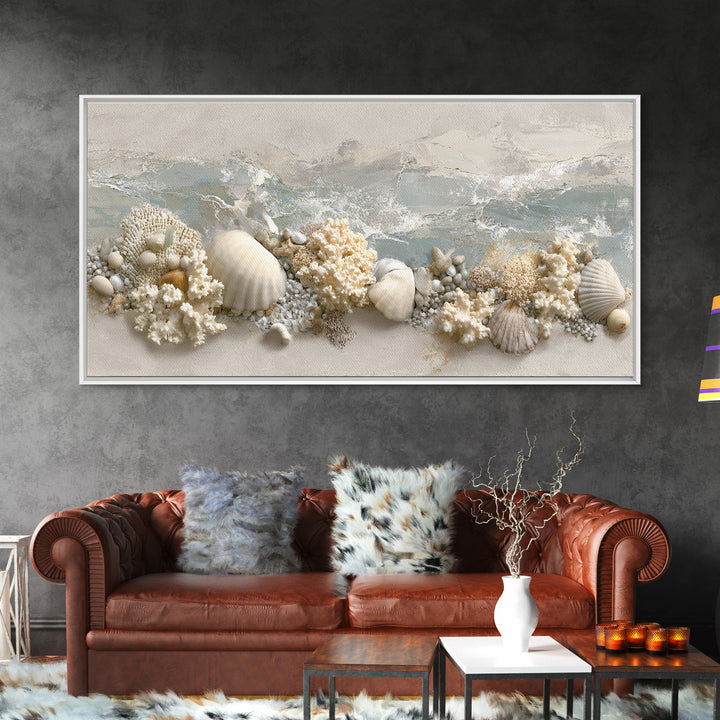 Coral and Shell Arrangement Framed Canvas Print, Bathroom Art, Contemporary Art, Bathroom Decor, Fine Art, Spa, Framed Wall Art, BAT-2x1-7