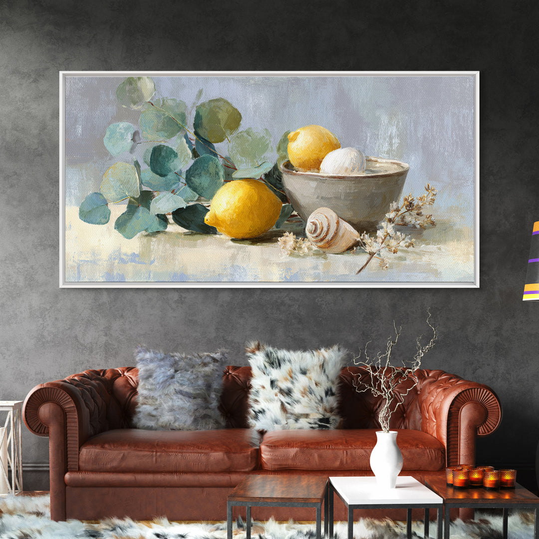 Lemon and Botanical Still Life Canvas Print, Bathroom Art, Bathroom Decor, Watercolor Art, Spa, Framed Wall Art, BAT-2x1-74