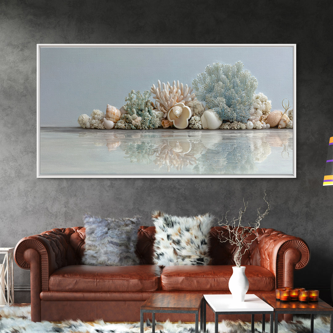 Coral and Shell Arrangement Framed Canvas Print, Bathroom Art, Bathroom Accessories, Bathroom Decor, Spa, Fine Art Print, BAT-2x1-79
