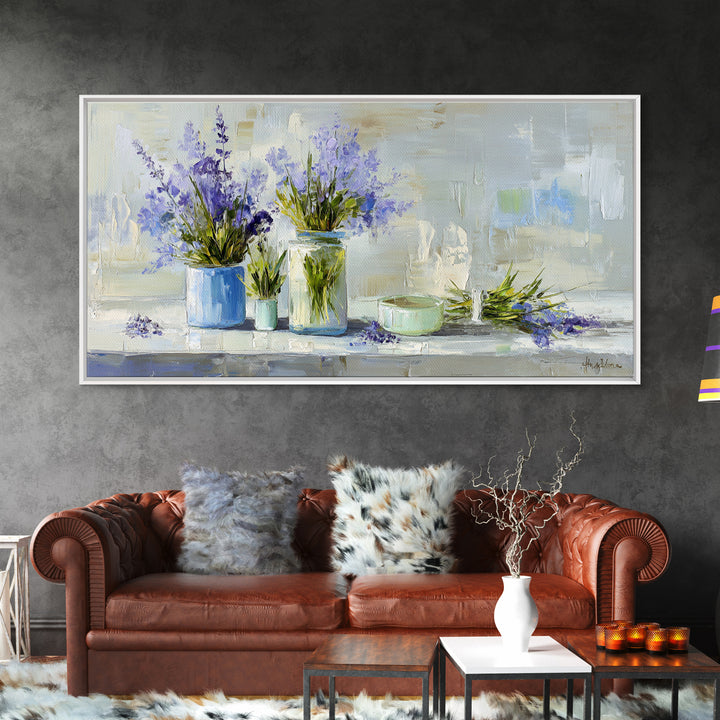 Lavender Sprigs in a Ceramic Vase Framed Canvas Print, Bathroom Art, Dopamine Decor, Bathroom Decor, Spa, Halloween Art, BAT-2x1-80