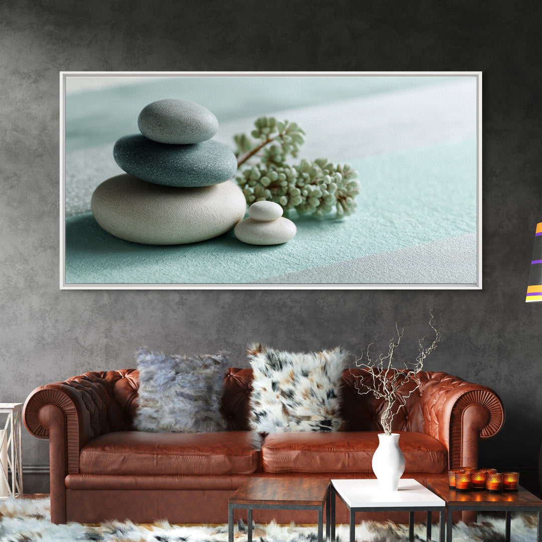 Monochrome Pebble Stack Framed Canvas Print, Bathroom Art, Poster, Bathroom Decor, Watercolor Art, Spa, Digital Print, BAT-2x1-81