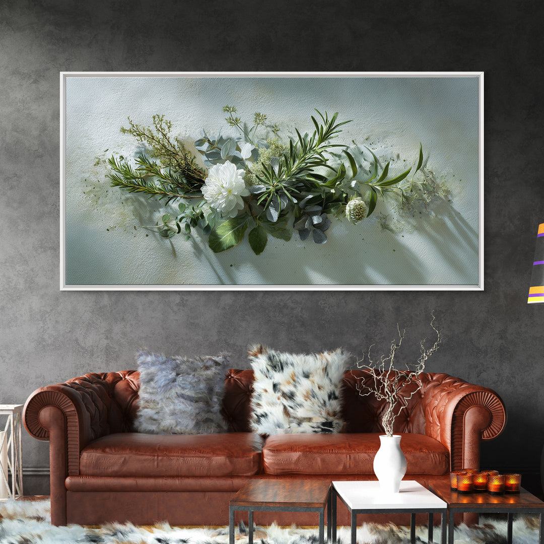 Botanical Bath Herb Arrangement Framed Canvas Print, Bathroom Art, Digital Art, Bathroom Decor, Fine Art, Spa, Dopamine Decor, BAT-2x1-85