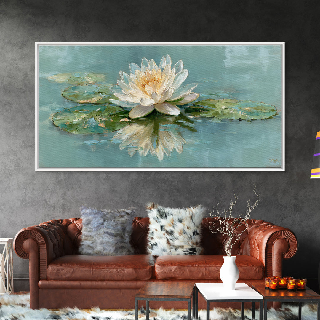 Lotus Flower Floating on Calm Water Framed Canvas Print, Bathroom Art, Framed Wall Art, Bathroom Decor, Watercolor Art, Spa, BAT-2x1-88