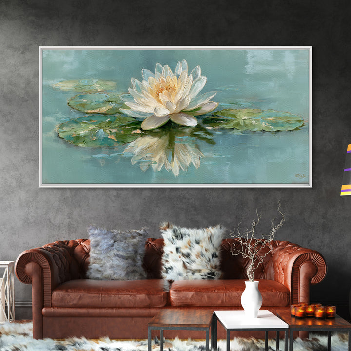 Lotus Flower Floating on Calm Water Framed Canvas Print, Bathroom Art, Framed Wall Art, Bathroom Decor, Watercolor Art, Spa, BAT-2x1-88
