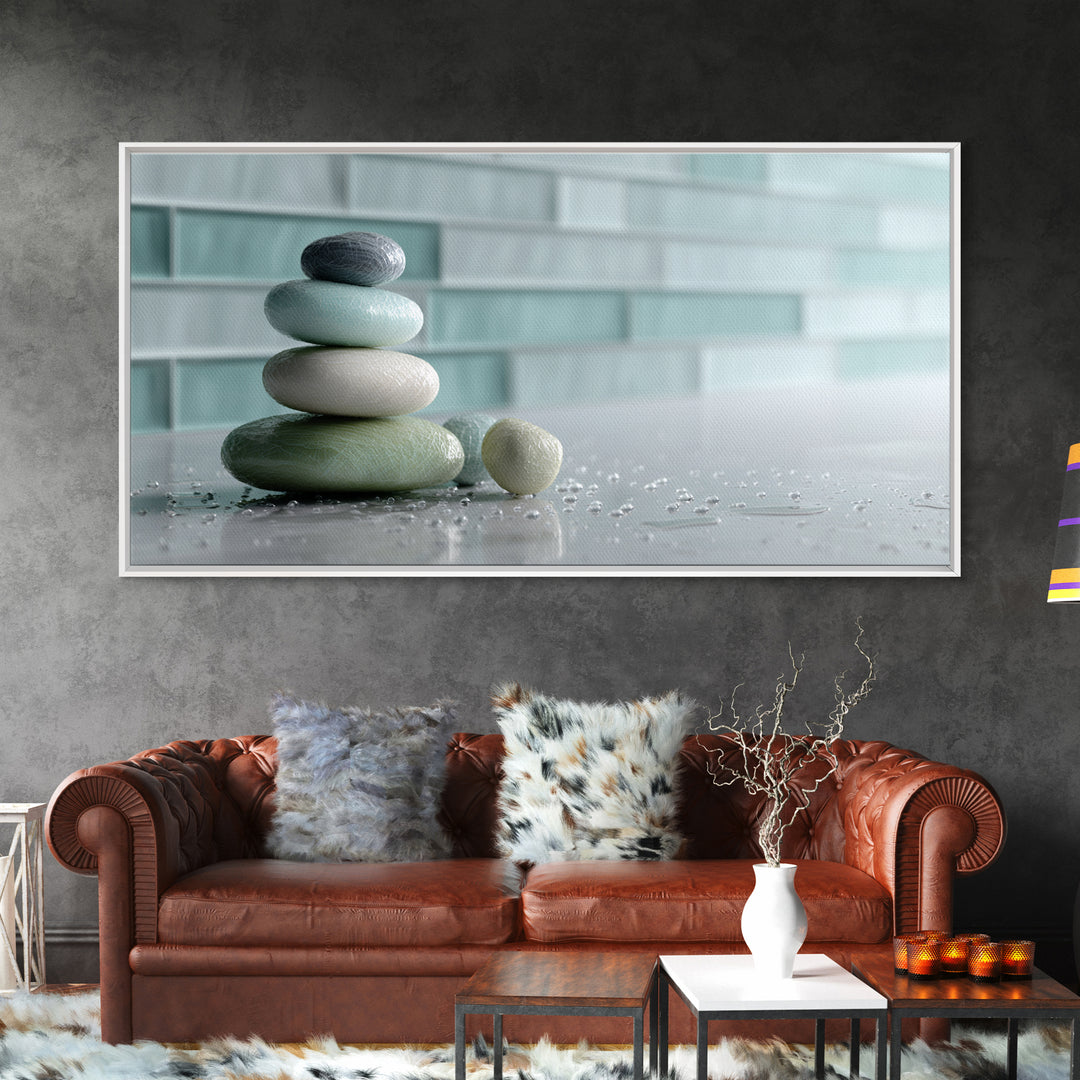 Monochrome Pebble Stack Framed Canvas Print, Bathroom Art, Statement Artwork, Bathroom Decor, Fine Art, Spa, Digital Art, BAT-2x1-9