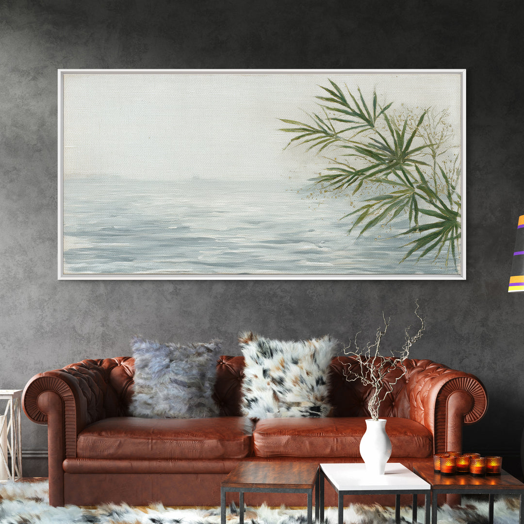 Simple Palm Frond on Off White Linen Framed Canvas Print, Bathroom Art, Digital Art, Bathroom Decor, Abstract Art, Spa, BAT-2x1-91