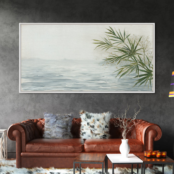 Simple Palm Frond on Off White Linen Framed Canvas Print, Bathroom Art, Digital Art, Bathroom Decor, Abstract Art, Spa, BAT-2x1-91