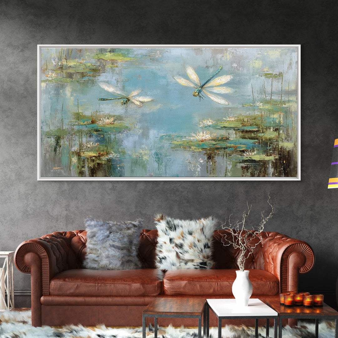 Delicate Dragonfly Above a Pond Surface Framed Canvas Print, Bathroom Art, Dog Portrait, Bathroom Decor, Oil Painting, Spa, BAT-2x1-92