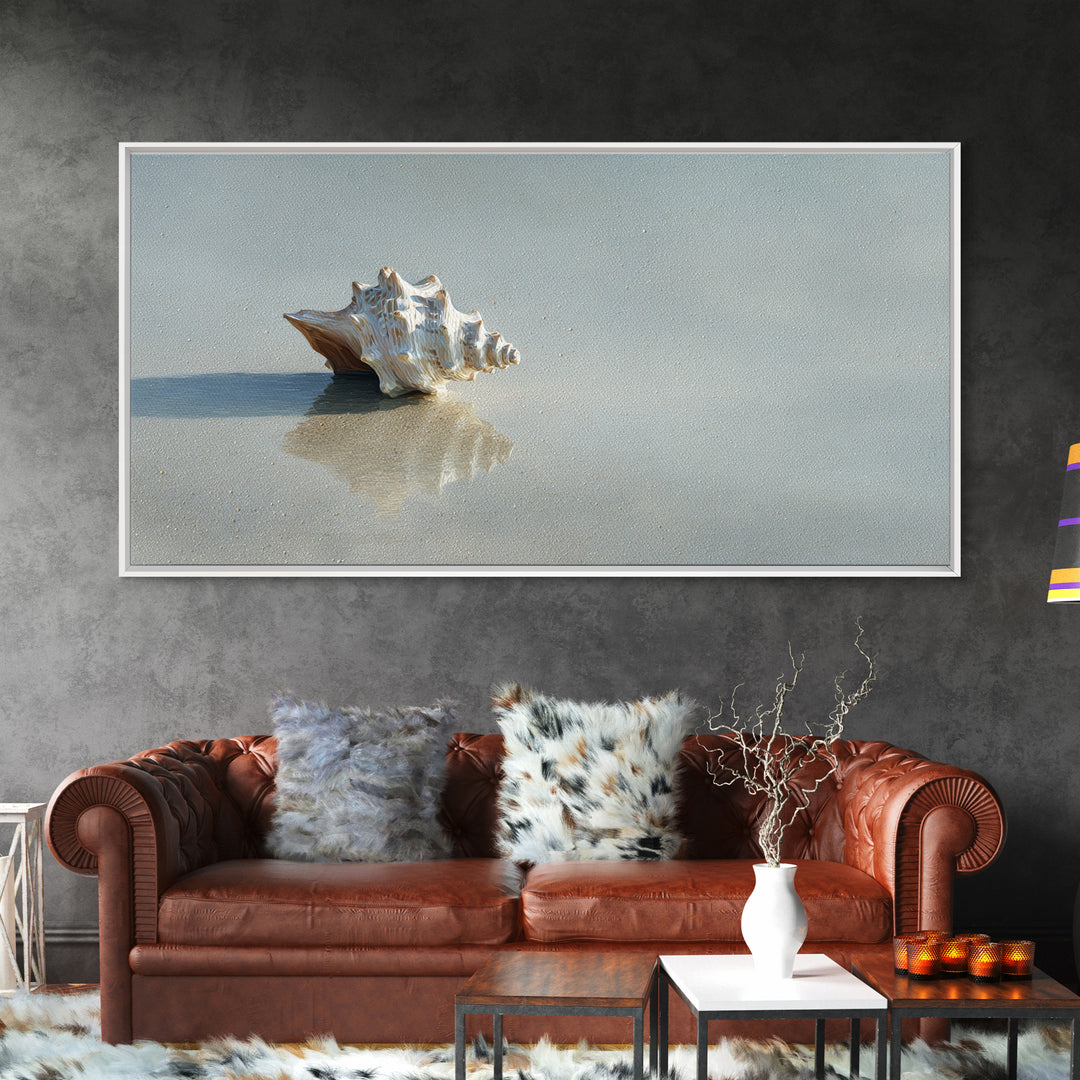 Minimal Seashell Still Life on Pale Sand Framed Canvas Print, Bathroom Art, Bathroom Wallpaper, Bathroom Decor, Fine Art, Spa, BAT-2x1-95