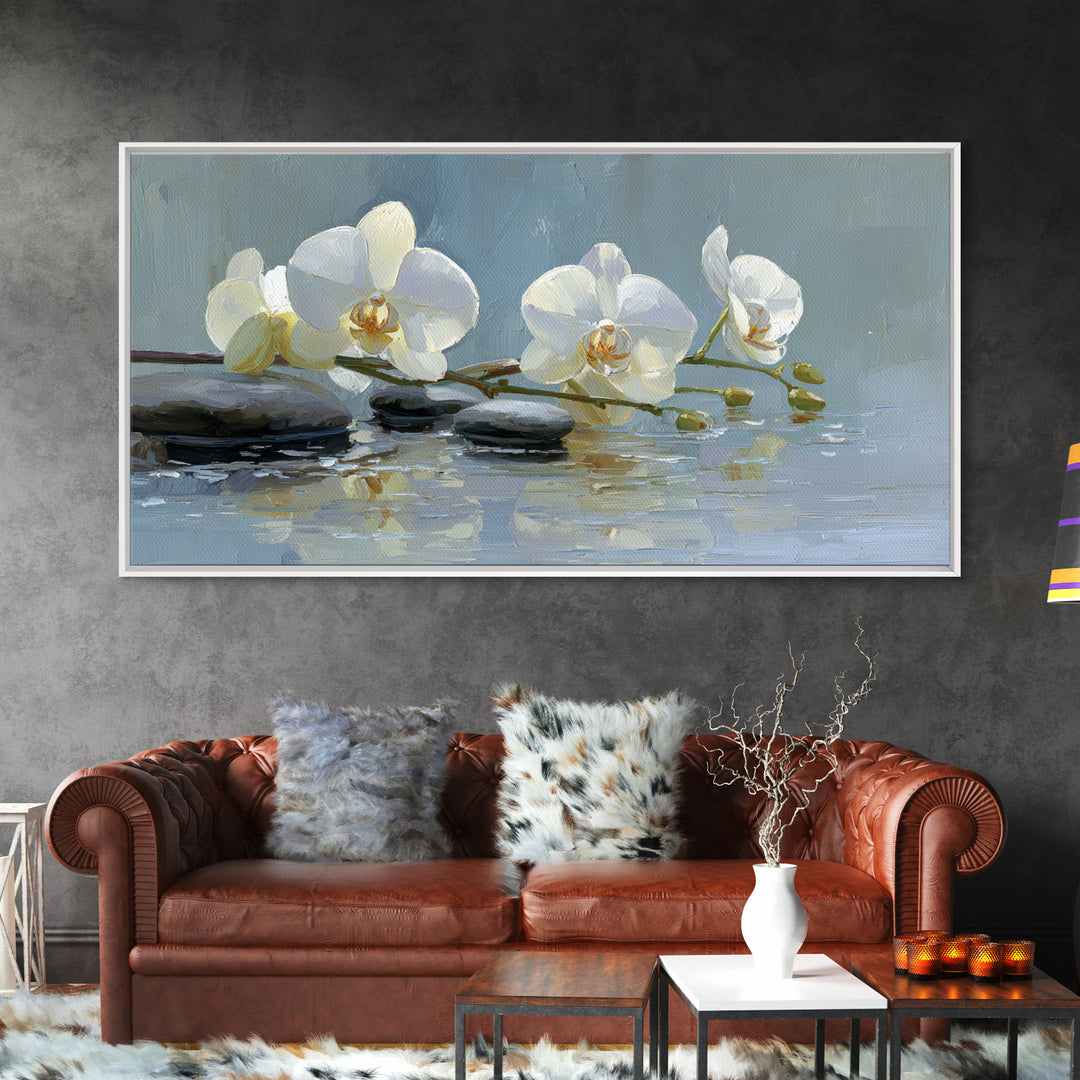 White Orchid on Warm Stone Background Framed Canvas Print, Bathroom Art, Modern Wall Art, Bathroom Decor, Oil Painting, Spa, BAT-2x1-96