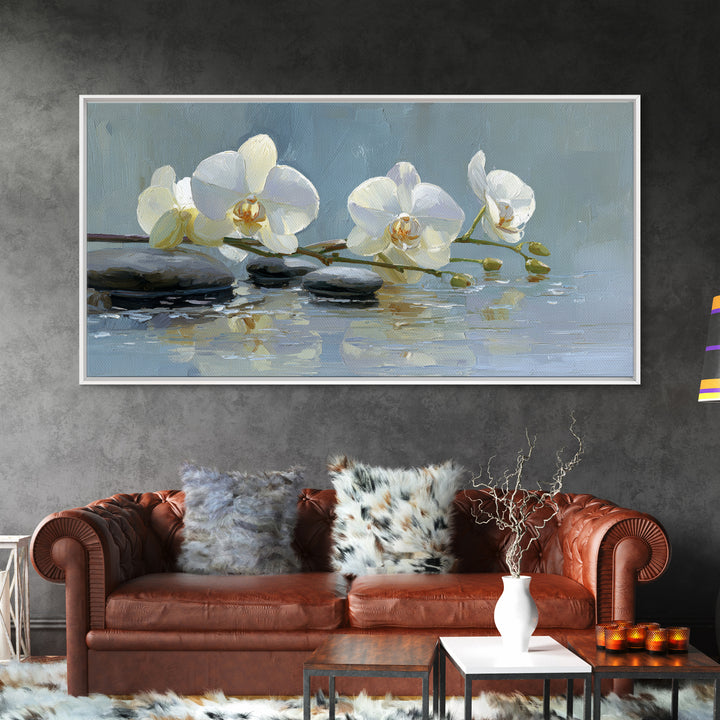White Orchid on Warm Stone Background Framed Canvas Print, Bathroom Art, Modern Wall Art, Bathroom Decor, Oil Painting, Spa, BAT-2x1-96