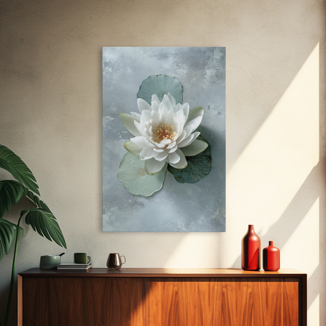 Lotus Flower Floating on Calm Water Framed Canvas Print, Bathroom Art, Trendy Wall Art, Bathroom Decor, Watercolor Art, Spa, BAT-2x3-100