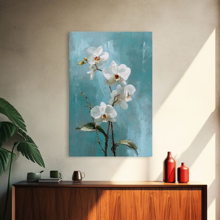White Orchid on Warm Stone Background Framed Canvas Print, Bathroom Art, Fine Art Print, Bathroom Decor, Oil Painting, Spa, BAT-2x3-12